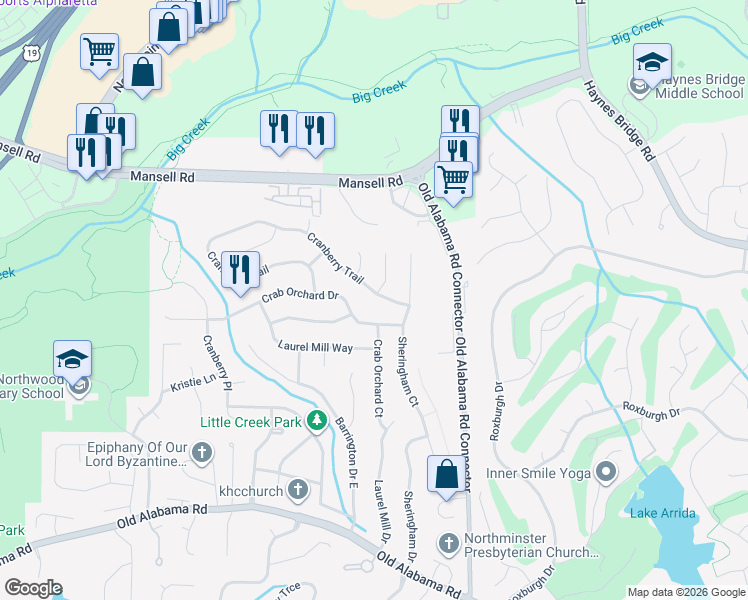 map of restaurants, bars, coffee shops, grocery stores, and more near 630 Cranberry Trail in Roswell