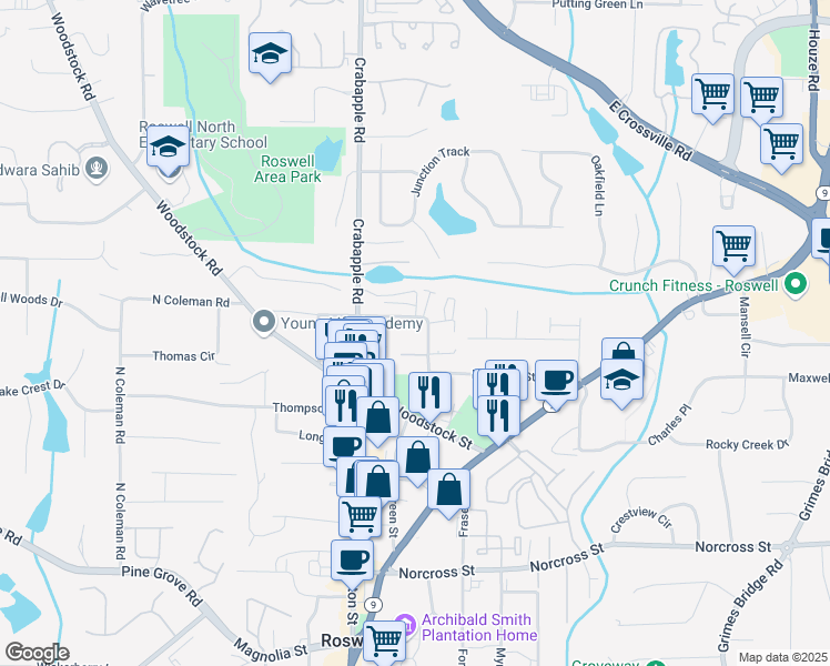 map of restaurants, bars, coffee shops, grocery stores, and more near 1291 Minhinette Drive in Roswell