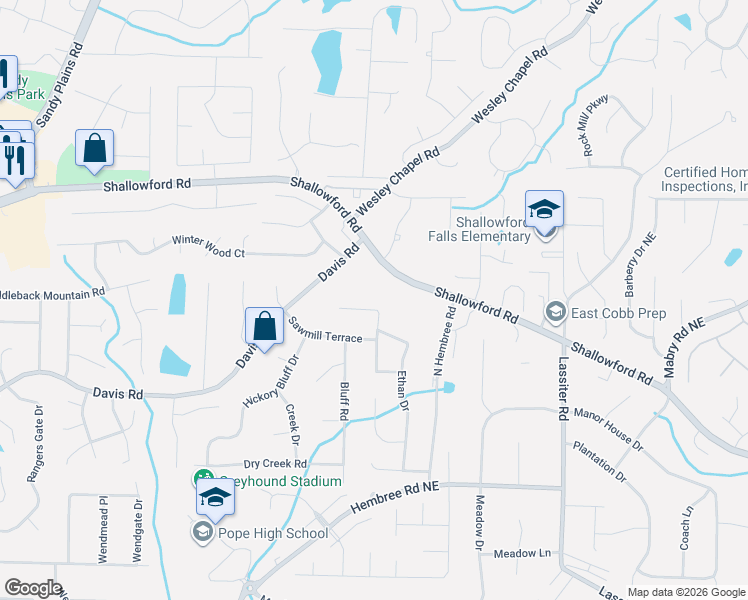map of restaurants, bars, coffee shops, grocery stores, and more near 3358 Emory Drive in Marietta