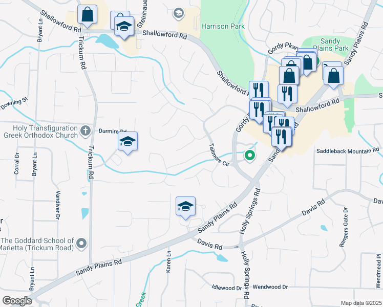 map of restaurants, bars, coffee shops, grocery stores, and more near 2810 Cranmore Court in Marietta