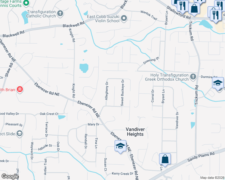 map of restaurants, bars, coffee shops, grocery stores, and more near 3266 Allegheny Drive in Marietta