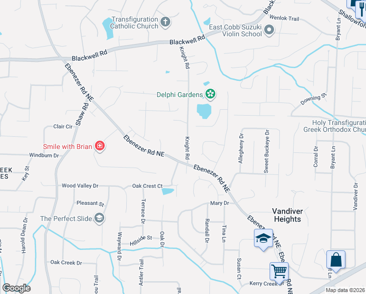 map of restaurants, bars, coffee shops, grocery stores, and more near 3341 Knight Road in Marietta