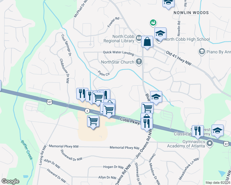map of restaurants, bars, coffee shops, grocery stores, and more near 3526 Butler Springs Trace in Kennesaw