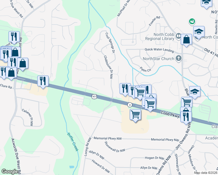 map of restaurants, bars, coffee shops, grocery stores, and more near 107 Clubhouse Drive Northwest in Kennesaw