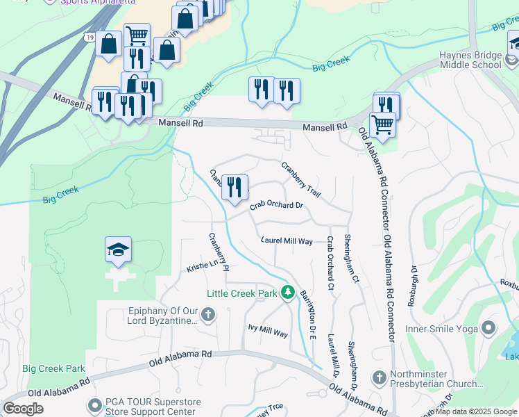 map of restaurants, bars, coffee shops, grocery stores, and more near 800 Crab Orchard Drive in Roswell