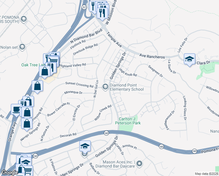 map of restaurants, bars, coffee shops, grocery stores, and more near Golden Springs Drive & Sunset Crossing Road in Diamond Bar