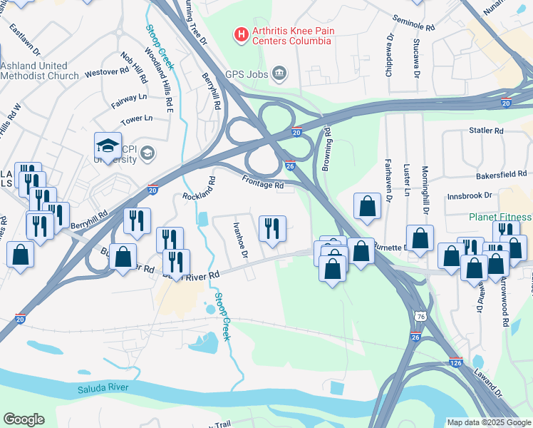 map of restaurants, bars, coffee shops, grocery stores, and more near 36 Canterbury Court in Columbia