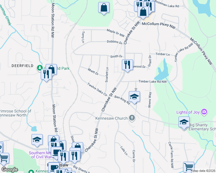 map of restaurants, bars, coffee shops, grocery stores, and more near 3294 Scarlett Lane in Kennesaw
