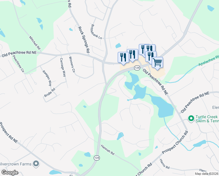 map of restaurants, bars, coffee shops, grocery stores, and more near 1761 Georgia 124 in Lawrenceville
