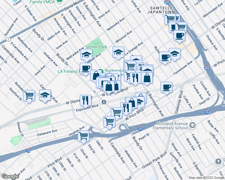map of restaurants, bars, coffee shops, grocery stores, and more near 11845 West Olympic Boulevard in Los Angeles