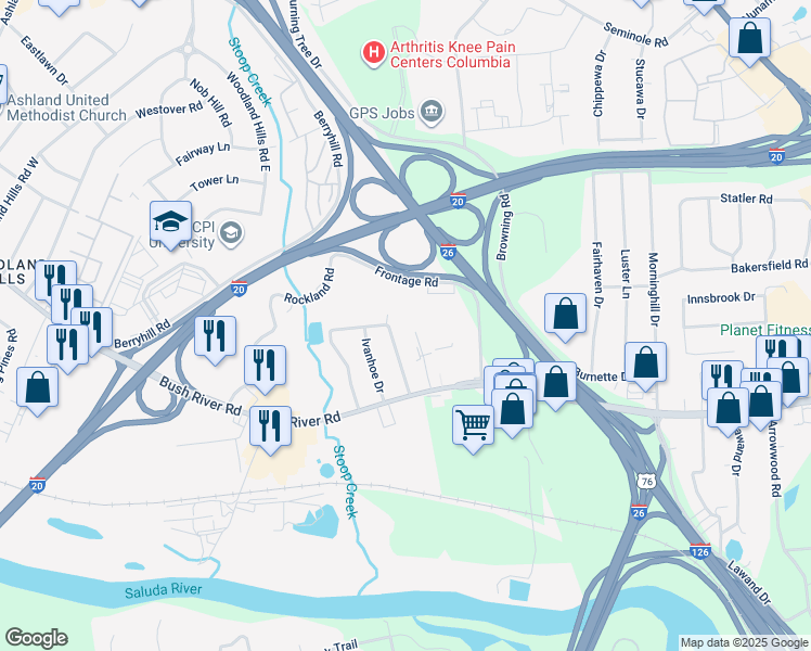 map of restaurants, bars, coffee shops, grocery stores, and more near 36 Canterbury Court in Columbia