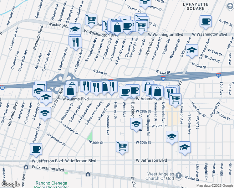 map of restaurants, bars, coffee shops, grocery stores, and more near 2521 Hillcrest Drive in Los Angeles