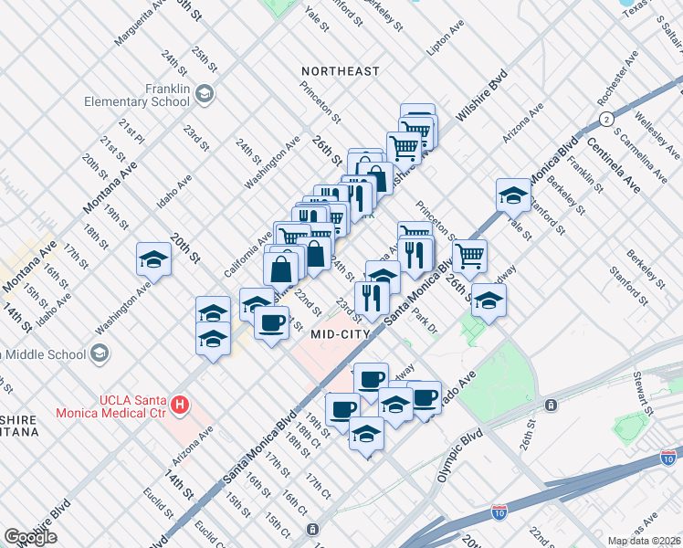 map of restaurants, bars, coffee shops, grocery stores, and more near 1240 24th Street in Santa Monica