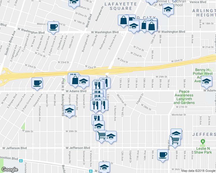 map of restaurants, bars, coffee shops, grocery stores, and more near 2557 South Bronson Avenue in Los Angeles