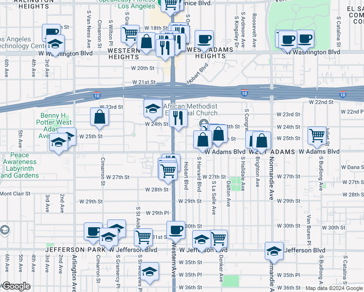 map of restaurants, bars, coffee shops, grocery stores, and more near 1985 West Adams Boulevard in Los Angeles