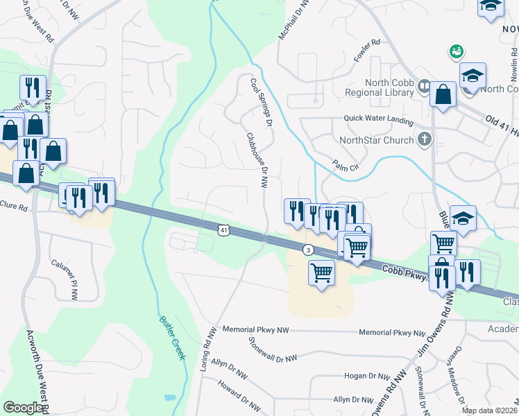 map of restaurants, bars, coffee shops, grocery stores, and more near 107 Clubhouse Drive Northwest in Kennesaw