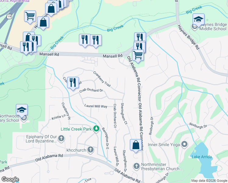 map of restaurants, bars, coffee shops, grocery stores, and more near 630 Cranberry Trail in Roswell