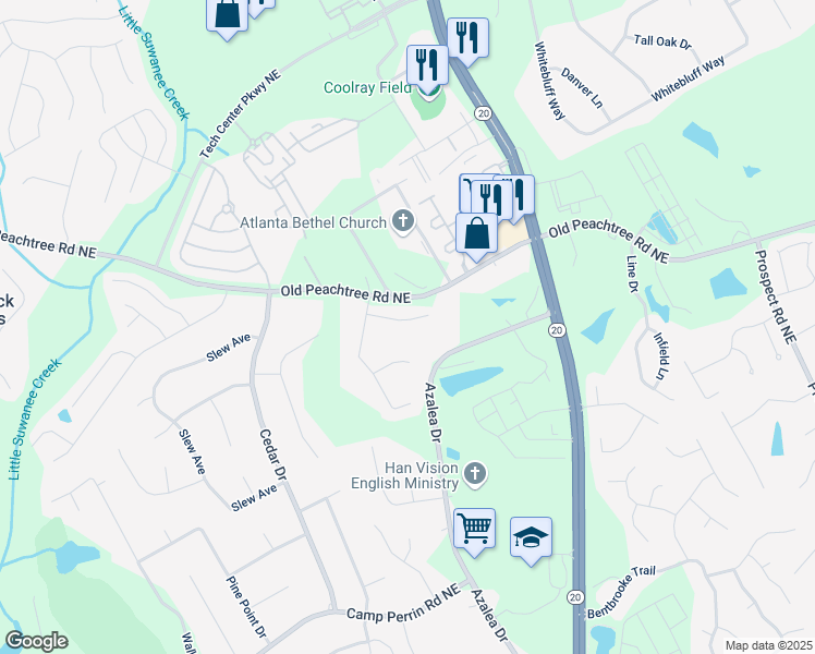 map of restaurants, bars, coffee shops, grocery stores, and more near 995 Chaucer Gate Court Northeast in Lawrenceville