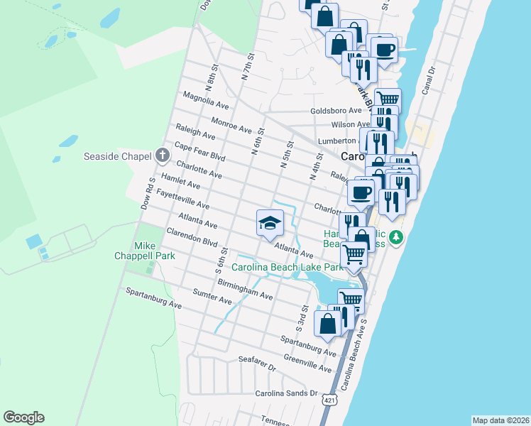 map of restaurants, bars, coffee shops, grocery stores, and more near 505 Hamlet Avenue in Carolina Beach