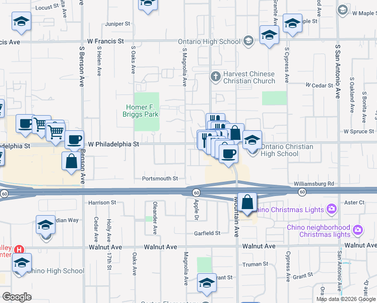 map of restaurants, bars, coffee shops, grocery stores, and more near 1154 Pinewood Lane in Ontario