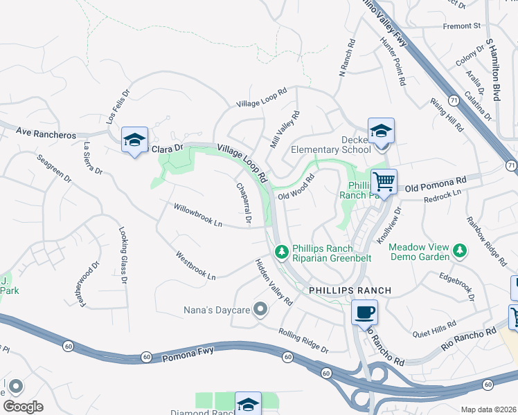 map of restaurants, bars, coffee shops, grocery stores, and more near 15 Silverwood Lane in Pomona