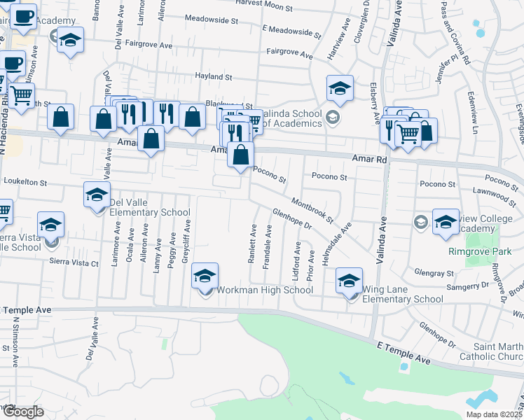 map of restaurants, bars, coffee shops, grocery stores, and more near 748 Ranlett Avenue in La Puente