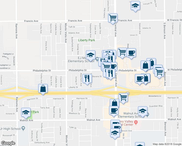 map of restaurants, bars, coffee shops, grocery stores, and more near 12045 Telephone Ave in Chino
