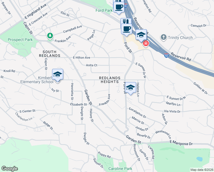map of restaurants, bars, coffee shops, grocery stores, and more near 1514 Franklin Avenue in Redlands