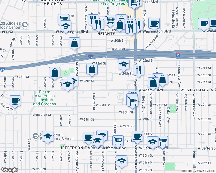 map of restaurants, bars, coffee shops, grocery stores, and more near 2141 West Adams Boulevard in Los Angeles