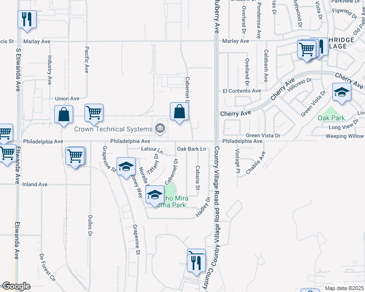 map of restaurants, bars, coffee shops, grocery stores, and more near 10341 Oak Bark Lane in Jurupa Valley