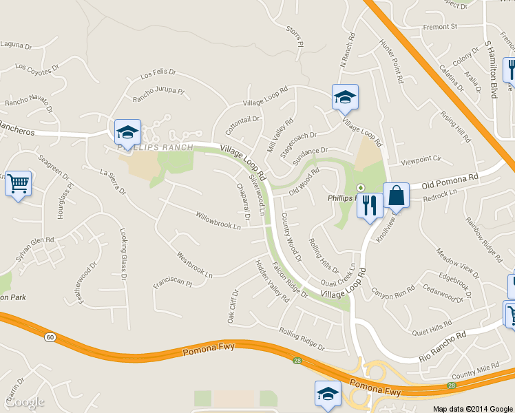 map of restaurants, bars, coffee shops, grocery stores, and more near 15 Silverwood Lane in Pomona