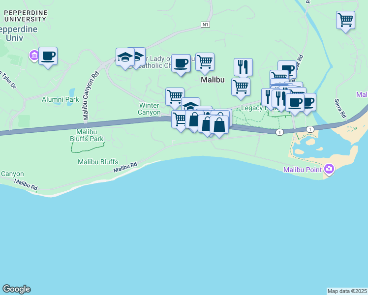 map of restaurants, bars, coffee shops, grocery stores, and more near 23834 Malibu Road in Malibu