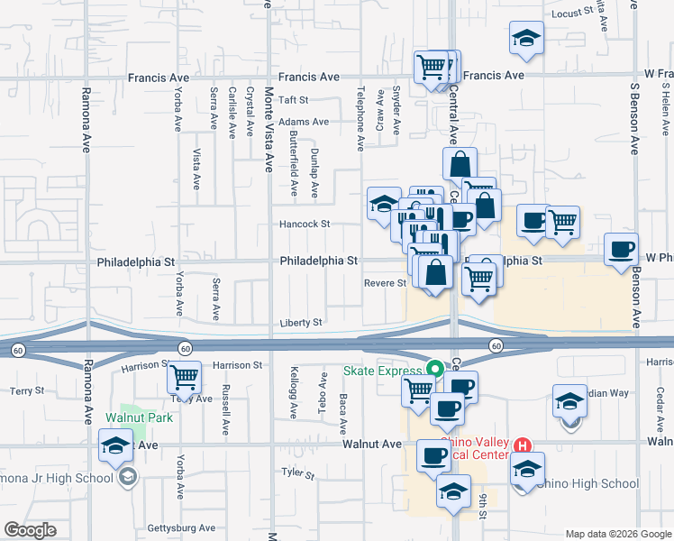 map of restaurants, bars, coffee shops, grocery stores, and more near 12124 Lester Court in Chino