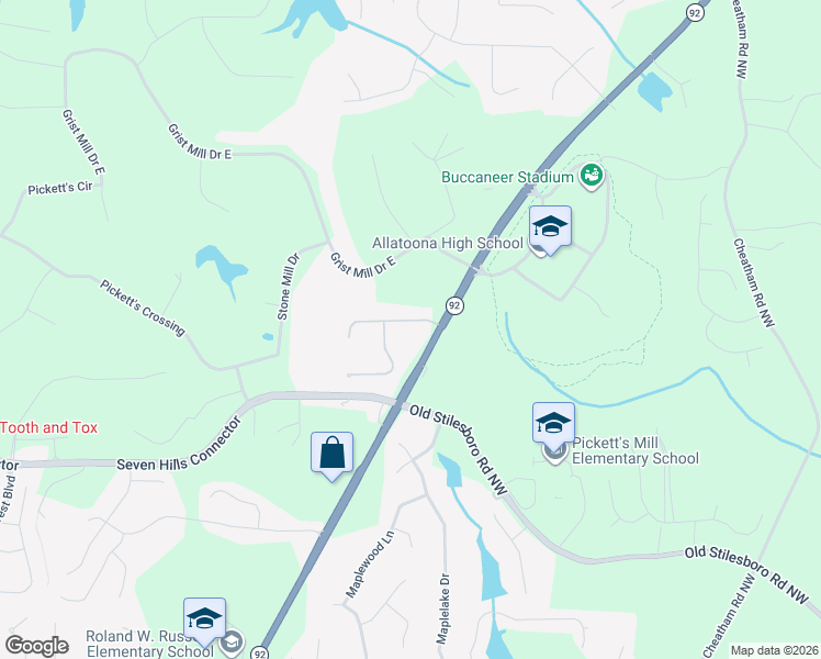 map of restaurants, bars, coffee shops, grocery stores, and more near 65 Thornwood Drive in Acworth