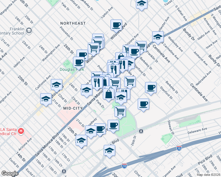 map of restaurants, bars, coffee shops, grocery stores, and more near 1415 26th Street in Santa Monica
