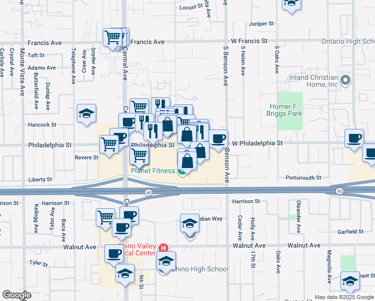 map of restaurants, bars, coffee shops, grocery stores, and more near 5501 Philadelphia Street in Chino