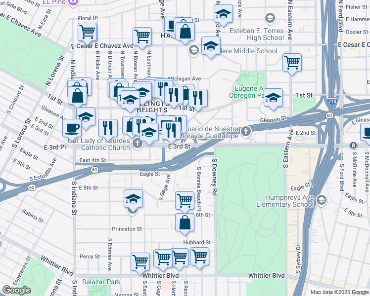 map of restaurants, bars, coffee shops, grocery stores, and more near 233 South Herbert Avenue in Los Angeles