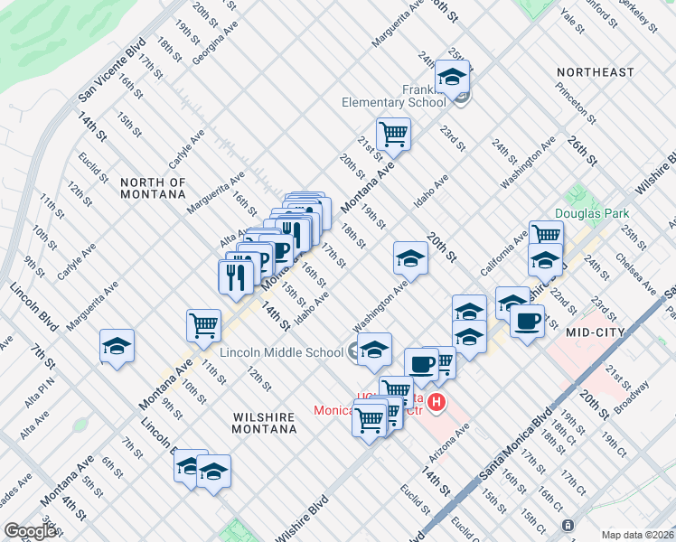 map of restaurants, bars, coffee shops, grocery stores, and more near 853 17th Street in Santa Monica
