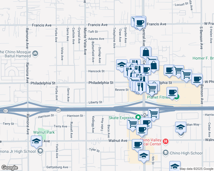 map of restaurants, bars, coffee shops, grocery stores, and more near 12124 Lester Court in Chino