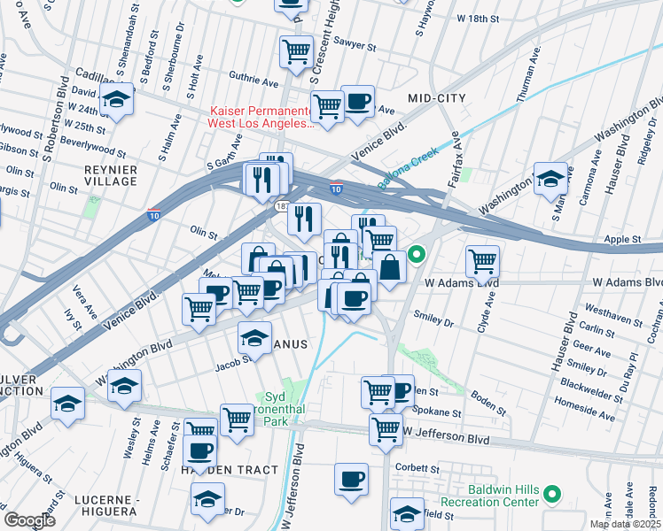 map of restaurants, bars, coffee shops, grocery stores, and more near 2732 South La Cienega Boulevard in Los Angeles