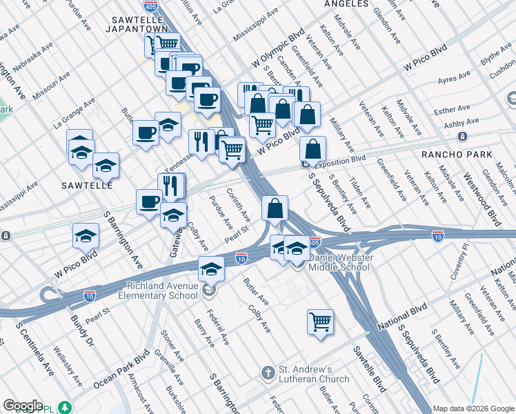 map of restaurants, bars, coffee shops, grocery stores, and more near 2483 1/2 Sawtelle Boulevard in Los Angeles