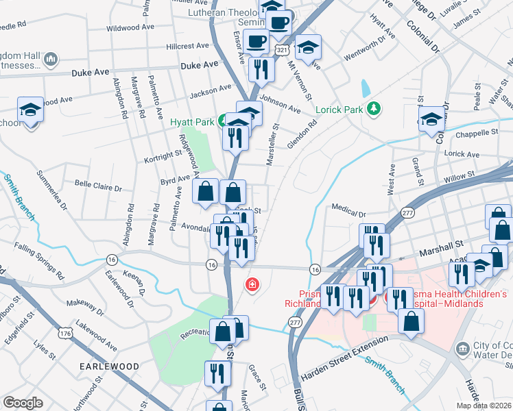 map of restaurants, bars, coffee shops, grocery stores, and more near 3606 Phillips Street in Columbia