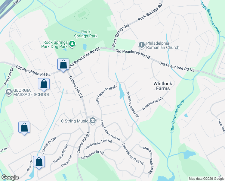 map of restaurants, bars, coffee shops, grocery stores, and more near 2799 Lake Forest Trail Northeast in Lawrenceville