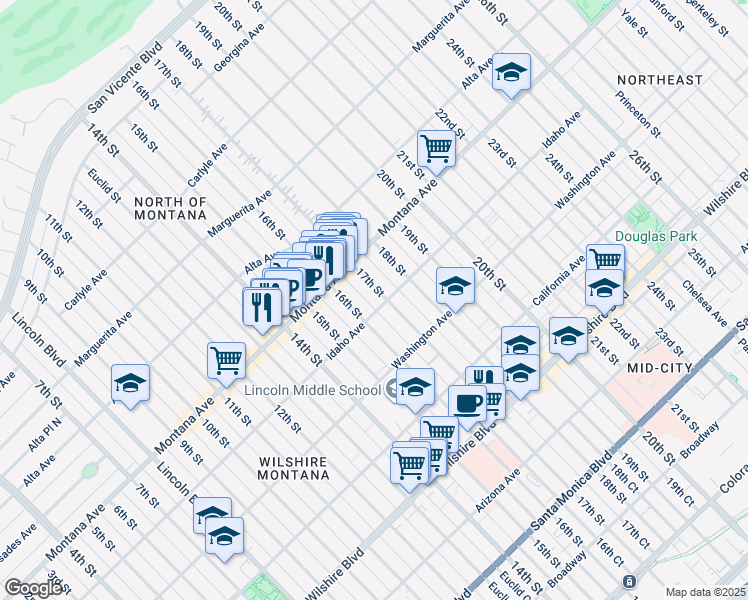 map of restaurants, bars, coffee shops, grocery stores, and more near 853 17th Street in Santa Monica