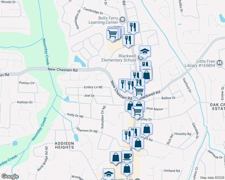 map of restaurants, bars, coffee shops, grocery stores, and more near 663 Embry Lane Northeast in Marietta