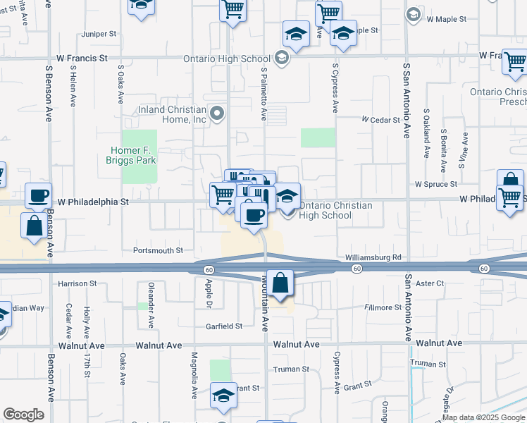 map of restaurants, bars, coffee shops, grocery stores, and more near 2205 South Mountain Avenue in Ontario