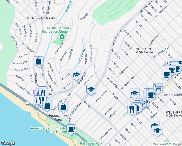 map of restaurants, bars, coffee shops, grocery stores, and more near 552 Stassi Lane in Santa Monica