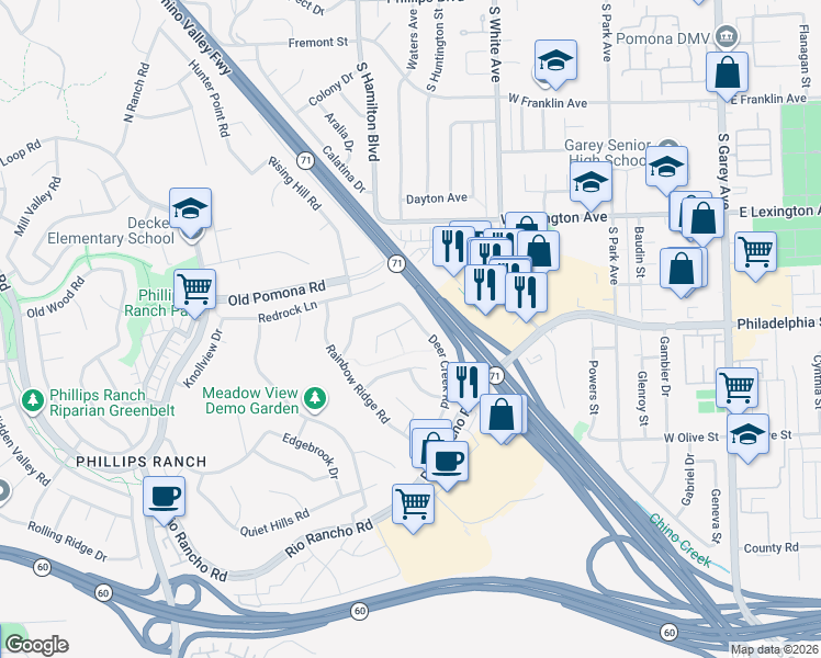 map of restaurants, bars, coffee shops, grocery stores, and more near 4 Navajo Trail Lane in Pomona