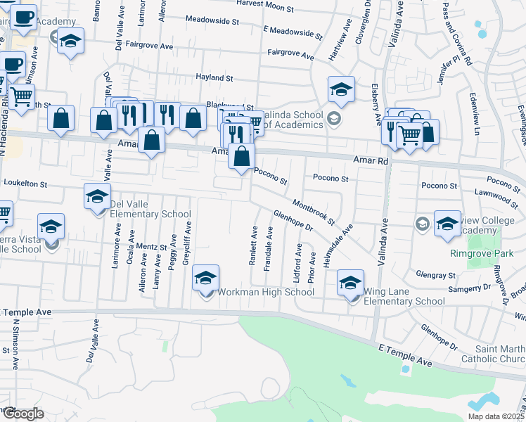 map of restaurants, bars, coffee shops, grocery stores, and more near 748 Ranlett Avenue in La Puente