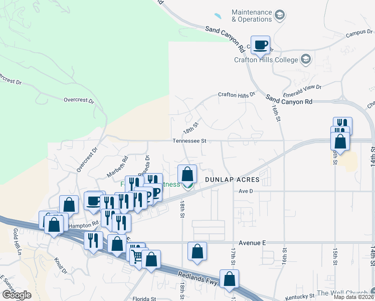 map of restaurants, bars, coffee shops, grocery stores, and more near 12129 18th Street in Yucaipa